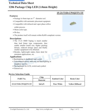 PDF Document Cover - 1206 Chip LED Pure White Diffused Technical Datasheet - Size 1.6x0.8x1.0mm - Voltage 2.6-3.0V - Power 110mW - English