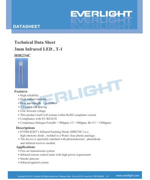PDF Document Cover - 3mm Infrared LED HIR234C Datasheet - T-1 Package - Peak Wavelength 850nm - Forward Voltage 1.65V - English Technical Document