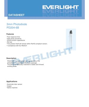 PDF Document Cover - PD204-6B 3mm Photodiode Datasheet - 3mm Diameter - 32V Reverse Voltage - 940nm Peak Sensitivity - English Technical Document