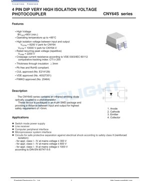 Обложка PDF-документа - Техническое описание серии оптопар CNY64S - Корпус DIP с 4 выводами - Напряжение изоляции 8200 В - Коэффициент передачи тока 50-300% - Техническая документация на китайском языке