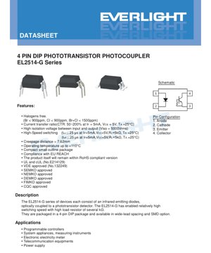 Copertina documento PDF - Scheda Tecnica Fotocoupler EL2514-G - Package DIP 4 Pin - Isolamento 5000Vrms - CTR 50-200% - Documento Tecnico Italiano