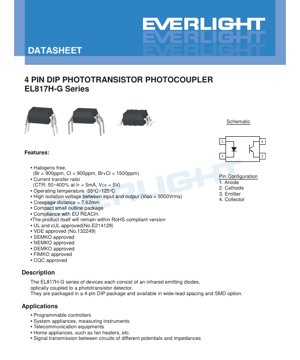 PDF文件封面 - EL817H-G系列光耦合器規格書 - 4腳DIP封裝 - 隔離電壓5000Vrms - CTR 50-400% - 粵語技術文件