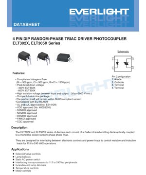 جلد سند PDF - دیتاشیت سری ELT302X و ELT305X - بسته‌بندی 4 پین DIP - ولتاژ اوج 400V/600V - درایور تریاک فاز تصادفی - سند فنی فارسی