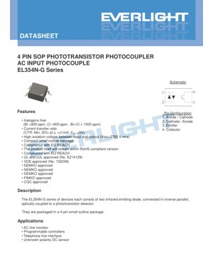 PDF Document Cover - EL354N-G Series Photocoupler Datasheet - 4-Pin SOP Package - AC Input - Isolation 3750Vrms - English Technical Document