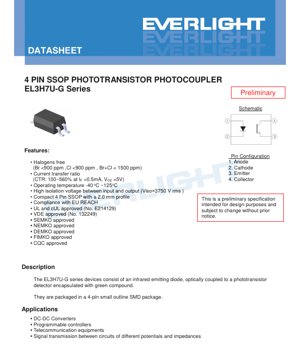 PDF Document Cover - EL3H7U-G Photocoupler Datasheet - 4-Pin SSOP Package - Profile 2.0mm - Isolation 3750Vrms - CTR 100-560% - English Technical Document