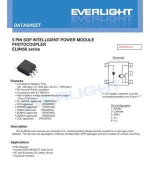 PDF Document Cover - ELM456 Series 5-Pin SOP Intelligent Power Module Photocoupler Datasheet - High Isolation 3750Vrms - 30V Supply - Halogen-Free - English Technical Documentation