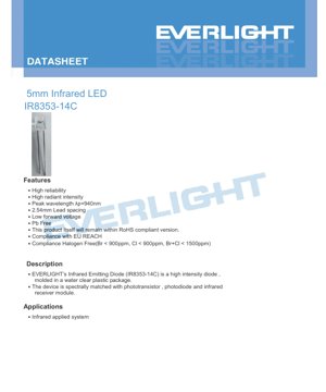 PDF Document Cover - 5mm Infrared LED IR8353-14C Datasheet - 5mm Package - 1.2V-1.8V Forward Voltage - 940nm Wavelength - English Technical Documentation