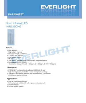 PDF Document Cover - 5mm Infrared LED HIR333C/H0 Datasheet - 5.0mm Package - 850nm Wavelength - 1.65V Forward Voltage - English Technical Document