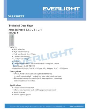 PDF Document Cover - 5.0mm Infrared LED SIR323-5 Datasheet - 5mm Package - 1.3V Forward Voltage - 875nm Wavelength - 150mW Power Dissipation - English Technical Document