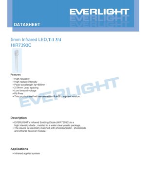 PDF Document Cover - 5mm Infrared LED HIR7393C Datasheet - 5.0mm Diameter - 1.45V Forward Voltage - 850nm Wavelength - 150mW Power Dissipation - English Technical Document