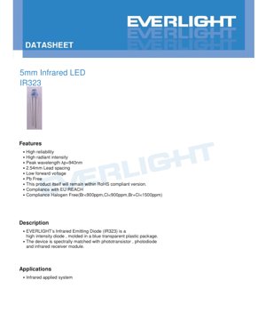 PDF 문서 표지 - 5mm 적외선 LED IR323 데이터시트 - 5.0mm 패키지 - 940nm 파장 - 1.5V 순방향 전압 - 150mW 소비 전력 - 한국어 기술 문서