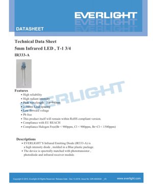 PDF文件封面 - 5.0mm 紅外線發光二極體 IR333-A 規格書 - T-1 3/4 封裝 - 峰值波長 940nm - 順向電壓 1.5V - 繁體中文技術文件
