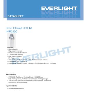 PDF Document Cover - 5mm Infrared LED HIR323C Datasheet - 5mm Diameter - 1.45V Forward Voltage - 850nm Wavelength - 150mW Power Dissipation - English Technical Document