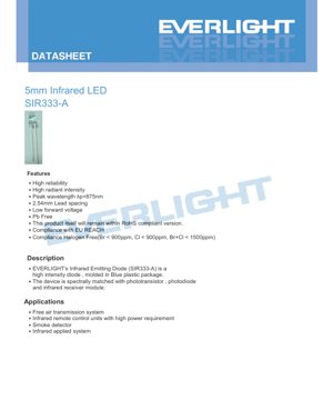 PDF Document Cover - 5mm Infrared LED SIR333-A Datasheet - 5.0mm Package - 1.65V Forward Voltage - 875nm Wavelength - 150mW Power Dissipation - English Technical Document