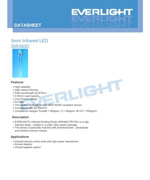 جلد سند PDF - دیتاشیت LED مادون قرمز 5 میلی‌متری SIR383C - بسته‌بندی 5mm - ولتاژ مستقیم 1.6V - طول موج 875nm - توان 150mW - سند فنی فارسی