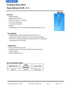 PDF Document Cover - IR333C 5mm Infrared LED Datasheet - 5mm T-1 Package - 940nm Peak Wavelength - 1.5V Forward Voltage - English Technical Documentation
