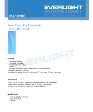PDF Document Cover - 5mm Silicon PIN Photodiode PD333-3C/H0/L811 Datasheet - 5mm Diameter - 35V Reverse Voltage - Water Clear Lens - English Technical Document