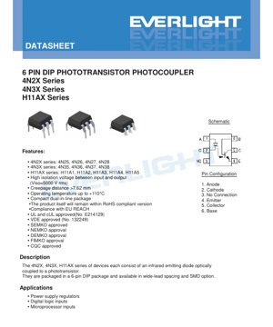 PDF Document Cover - 6-Pin DIP Phototransistor Photocoupler Datasheet - 4N2X, 4N3X, H11AX Series - Isolation Voltage 5000Vrms - Operating Temperature -55 to +110°C - English Technical Document