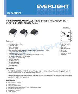 PDF Document Cover - 6-Pin DIP Random-Phase Triac Driver Photocoupler EL301X/302X/305X Series Datasheet - Package DIP-6 - Voltage 250V/400V/600V - English Technical Document