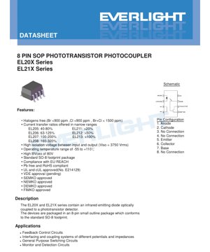 PDF Document Cover - 8-Pin SOP Phototransistor Photocoupler EL20X/EL21X Series Datasheet - Package SO-8 - Isolation Voltage 3750Vrms - English Technical Document