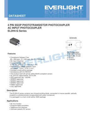 PDF Document Cover - EL3H4-G Series Photocoupler Datasheet - 4-Pin SSOP Package - AC Input - Isolation 3750Vrms - English Technical Document