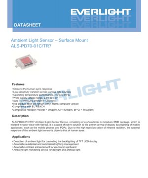 PDF Document Cover - ALS-PD70-01C/TR7 Ambient Light Sensor Datasheet - Size 4.4x3.9x1.2mm - Voltage 2.5V to 5.5V - English Technical Documentation