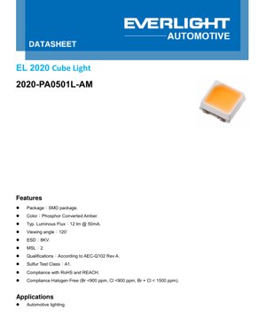 PDF Document Cover - 2020-PA0501L-AM LED Datasheet - SMD Package - Phosphor Converted Amber - 12lm @ 50mA - 3.0V - English Technical Document