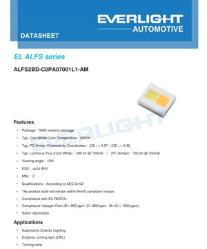PDF Document Cover - ALFS2BD-C0PA07001L1-AM LED Datasheet - SMD Ceramic Package - Cool White 5850K / PC Amber - 260 lm / 160 lm @ 700mA - Automotive Grade