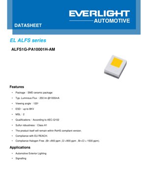 Capa do documento PDF - Ficha Técnica do LED ALFS1G-PA10001H-AM - Pacote Cerâmico SMD - 250lm @1000mA - 3.3V - Ângulo de Visão de 120° - Documento Técnico em Português