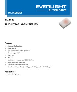 PDF Document Cover - 2820-UY2001M-AM Yellow LED Datasheet - SMD Package 2.8x2.0mm - Forward Voltage 2.4V - Luminous Flux 33lm - Automotive Grade