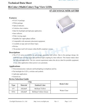 Обложка PDF-документа - Техническая документация на двухцветные светодиоды серии 67-22 с верхним излучением - корпус P-LCC-4 - 2.0В тип. - Яркий желтый/зеленый