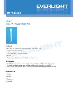 PDF Document Cover - 336UYSYGW/S530-A3 LED Lamp Datasheet - Dimensions 3.0x?x?mm - Voltage 2.0-2.4V - Power 60mW - Super Yellow/Yellow Green - English Technical Document