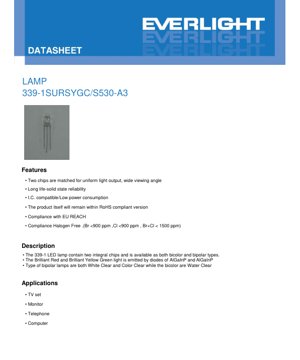 غلاف مستند PDF - ورقة بيانات مصباح LED ثنائي اللون/ثنائي القطب 339-1SURSYGC/S530-A3 - 25 مللي أمبير - أحمر ساطع/أصفر أخضر ساطع - وثيقة تقنية بالعربية
