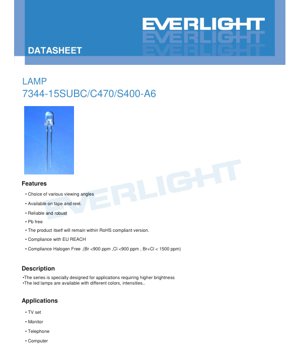 PDF Document Cover - LED Lamp 7344-15SUBC/C470/S400-A6 Datasheet - Blue Color - 3.3V Typ. - 20mA - English Technical Document