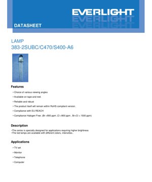 Обложка PDF-документа - Техническая документация на светодиодную лампу 383-2SUBC/C470/S400-A6 - Синий цвет - Типичное прямое напряжение 3.3В - Рабочий ток 20мА