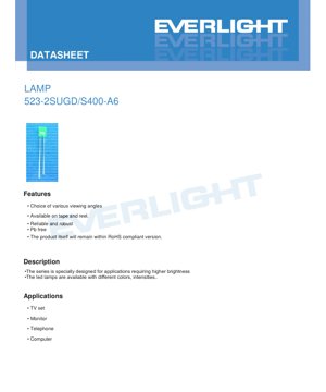 PDF Document Cover - LED Lamp 523-2SUGD/S400-A6 Datasheet - Brilliant Green - 3.3V Typ. - 90mW - English Technical Document