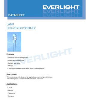 PDF Document Cover - LED Lamp 333-2SYGC/S530-E2 Datasheet - Brilliant Yellow Green - 20mA - 2.0V - English Technical Document