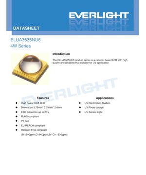 PDF Document Cover - ELUA3535NU6 4W Series UVA LED Datasheet - 3.75x3.75x2.6mm - 3.6-4.8V - 4W - English Technical Document