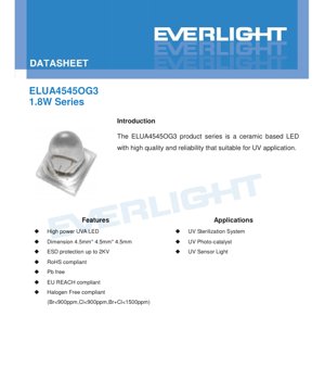 PDF Document Cover - ELUA4545OG3 UVA LED Datasheet - 4.5x4.5x4.5mm - 3.2-4.1V - 1.8W - English Technical Document