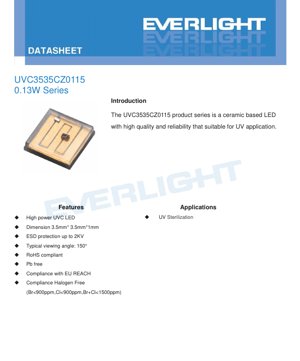 PDF Document Cover - UVC3535CZ0115 LED Datasheet - 3.5x3.5x1.0mm Ceramic Package - 5.0-8.0V Forward Voltage - 0.13W Power - 270-285nm Wavelength - English Technical Document