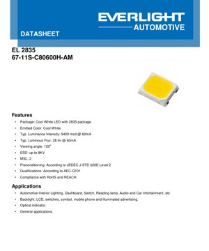 جلد سند PDF - دیتاشیت LED سفید سرد 2835 - بسته‌بندی 2.8x3.5 میلی‌متر - ولتاژ 2.8 ولت - شار نوری 28 لومن - سند فنی فارسی