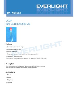 PDF Document Cover - LED Lamp 523-2SDRD/S530-A3 Datasheet - Deep Red - 120° Viewing Angle - 2.0V Forward Voltage - 60mW Power Dissipation - English Technical Document