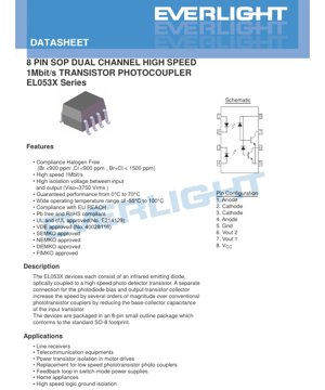PDF文書カバー - EL053Xシリーズ フォトカプラ データシート - 8ピンSOPパッケージ - 高速1Mbit/s - 絶縁耐圧3750Vrms - 技術文書