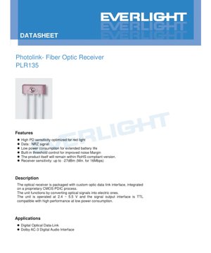 PDF Document Cover - PLR135 Photolink Fiber Optic Receiver Datasheet - 650nm Red Light - 2.4-5.5V Supply - 16Mbps NRZ - English Technical Documentation