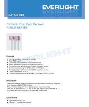 PDF Document Cover - PLR137 Series Fiber Optic Receiver Datasheet - Photolink Interface - 2.4-5.5V - 16Mbps - 650nm Red Light - English Technical Document