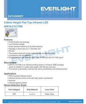 PDF Document Cover - SMD Infrared LED 0.8mm Height Flat Top - 1.6V - 875nm - 110mW - English Technical Datasheet