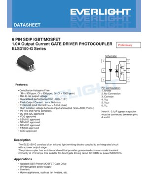 PDF Document Cover - 6-Pin SDIP Gate Driver Photocoupler ELS3150-G Series Datasheet - 1.0A Output Current - 5000Vrms Isolation - 30V Supply - English Technical Document