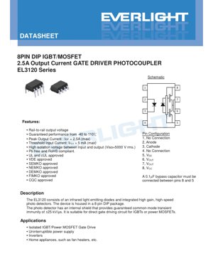 PDF-Dokumentendeckel - EL3120-Serie Gate-Treiber-Photokoppler Datenblatt - 8-Pin-DIP-Gehäuse - Ausgangsstrom 2,5 A - Isolationsspannung 5000 Vrms - Technisches Dokument auf Deutsch