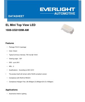 PDF Document Cover - 1608-UG0100M-AM Green LED Datasheet - PLCC-2 Package - 1.6x0.8mm - 2.65V @10mA - 120° Viewing Angle - English Technical Document
