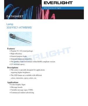 PDF Document Cover - LED Lamp 333/Y5C1-ATWB/MS Datasheet - T-1 3/4 Package - 2.0V - 50mA - Brilliant Yellow - English Technical Document